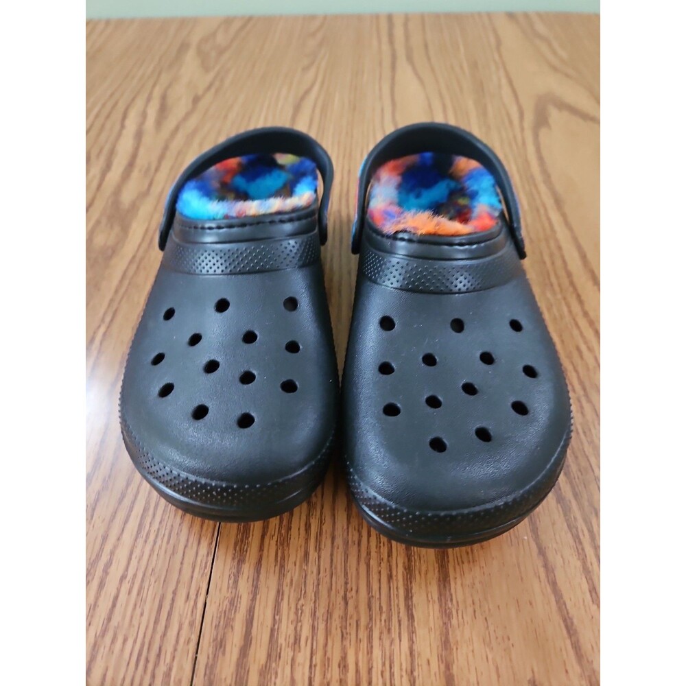 Crocs Classic Lined Clogs Kids J5 Black Rainbow Tie Dye Fleece Slip On Shoes